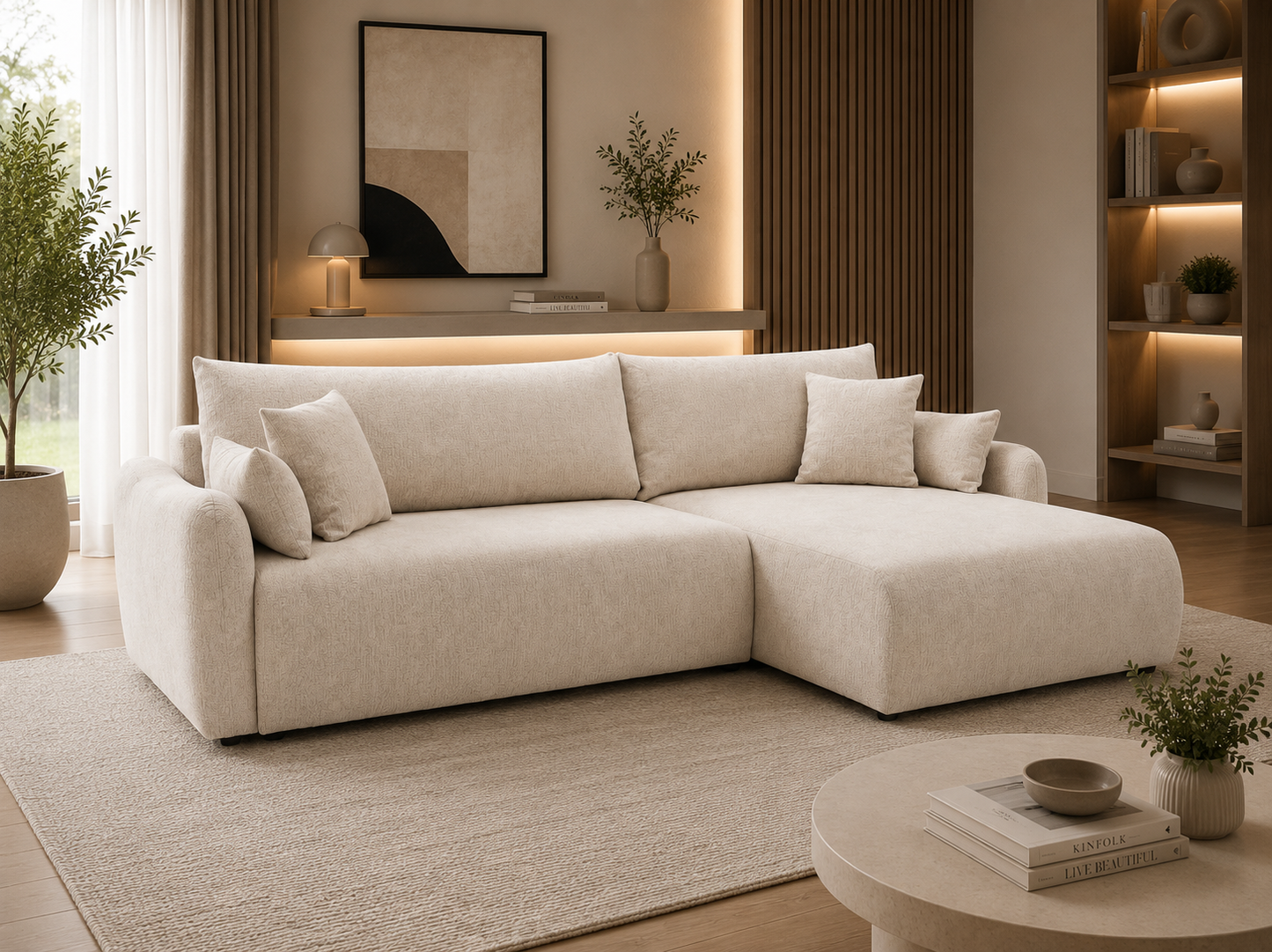 Wohnlandschaft Japandi – Modernes Design mit Bettfunktion & Stauraum