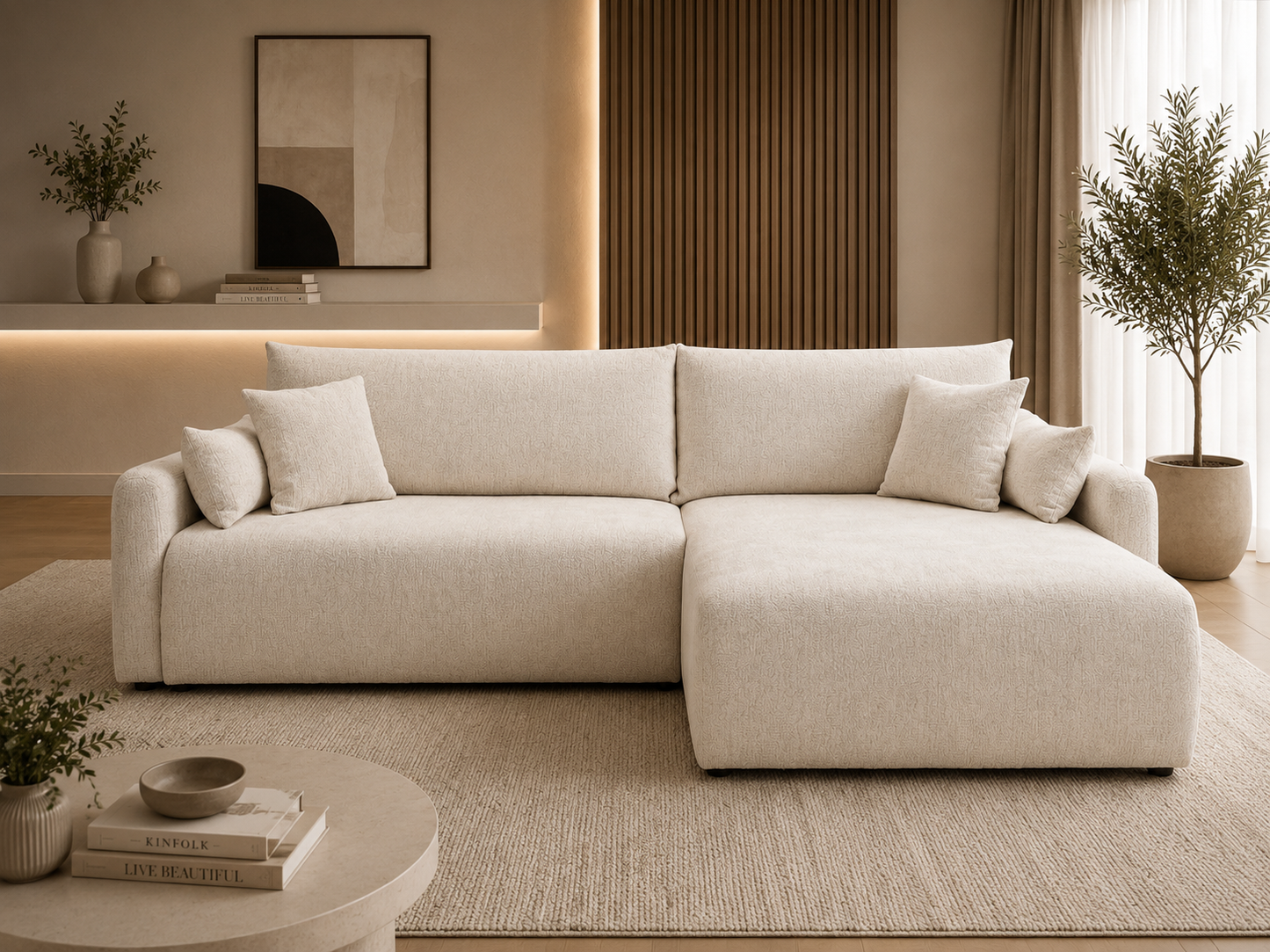Wohnlandschaft Japandi – Modernes Design mit Bettfunktion & Stauraum