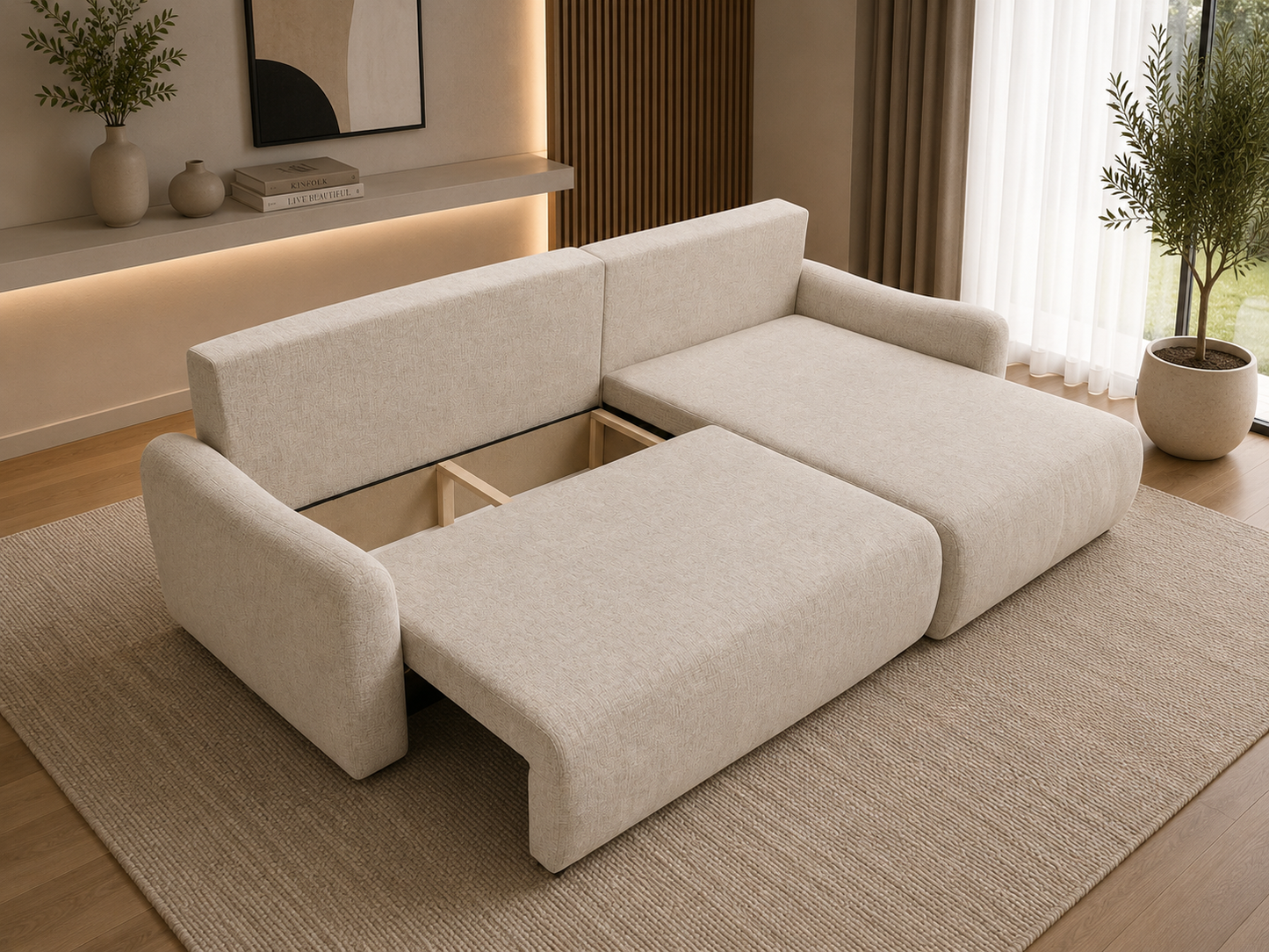 Wohnlandschaft Japandi – Modernes Design mit Bettfunktion & Stauraum