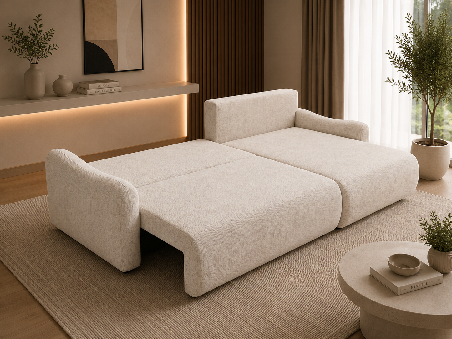 Wohnlandschaft Japandi – Modernes Design mit Bettfunktion & Stauraum