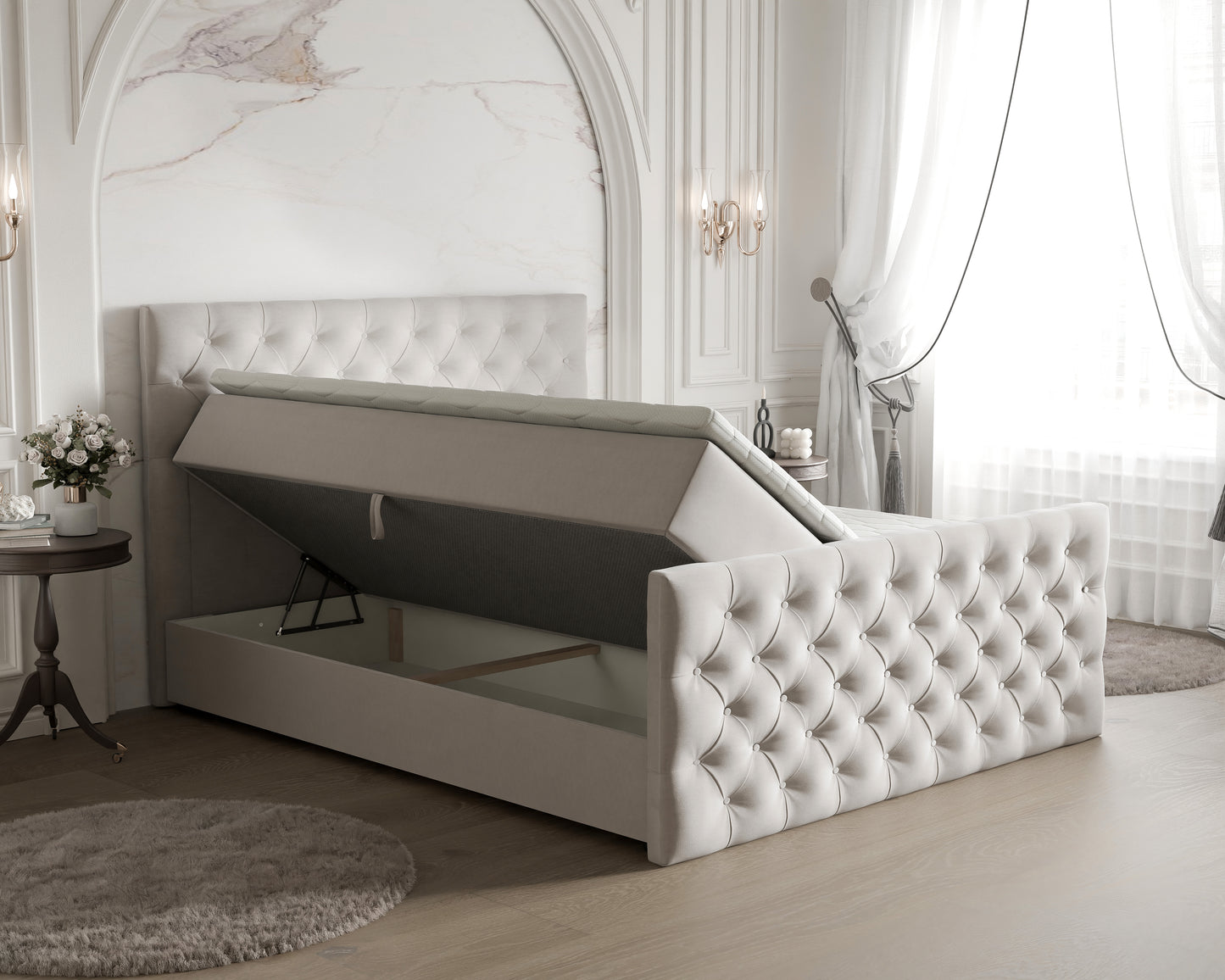 Boxspringbett Aversa mit Matratzen, Topper, Stauraum und Fußteil